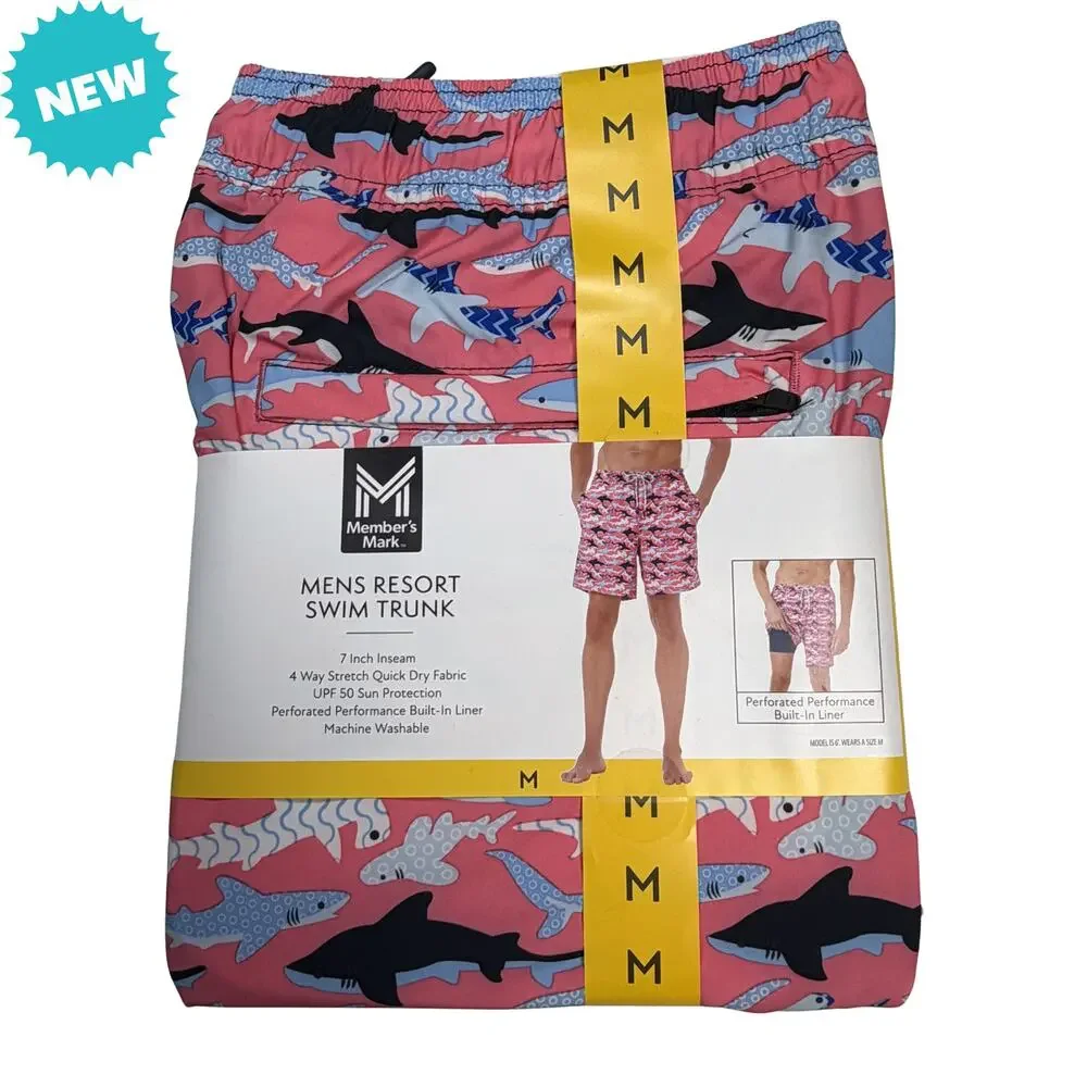 Members Mark Swim Trunks Men's Medium Pink Sharks Quick Dry 50+ SPF Stretch NEW